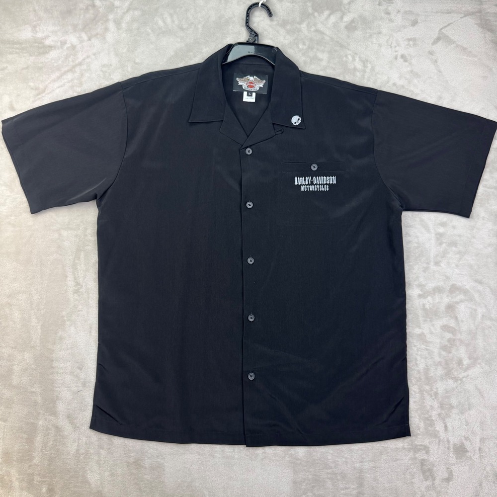 Vtg Y2K Harley Davidson Willie G Skull Camp Shirt Mens‎ L Black Poker Flames⁠